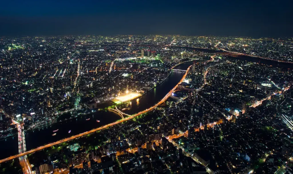 Vue aérienne de la ville de Tokyo en pleine nuit